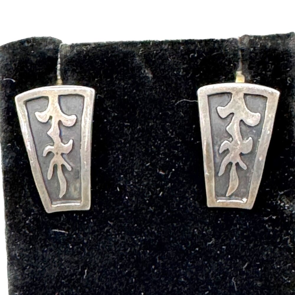 Vintage Alpaca Silver Screw Back Earrings Tribal Black Inlay Design For Women